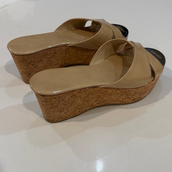 Jimmy Choo Prima Nude Patent Leather Cork Wedge Slide Sandals. Size 37 1/2 - Picture 10 of 15
